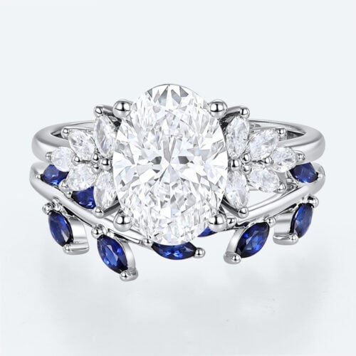 Oval Cut Lab Grown Diamond Botanical Ring Set | Sapphire Accents in White Gold