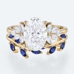 Oval Cut Lab Grown Diamond Botanical Ring Set | Sapphire Accents in Yellow Gold