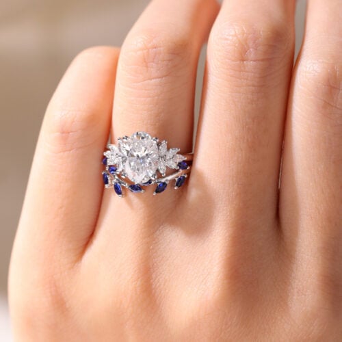 Oval Cut Lab Grown Diamond Botanical Ring Set | Sapphire Accents in White Gold