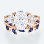Oval Cut Lab Grown Diamond Botanical Ring Set | Sapphire Accents in Rose Gold