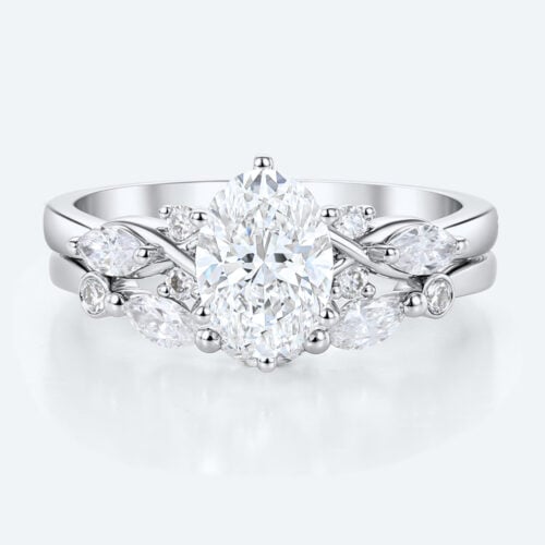 Modern Vintage Oval Lab Diamond Ring Set | Criss-Cross Band in White Gold