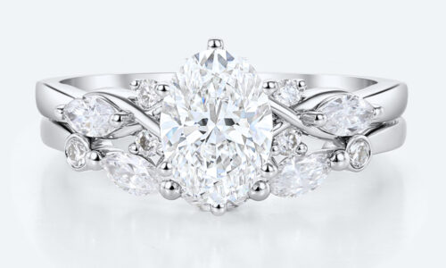 Modern Vintage Oval Lab Diamond Ring Set | Criss-Cross Band in White Gold