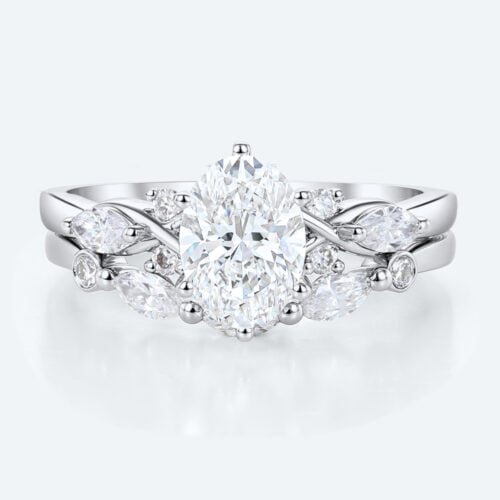 Modern Vintage Oval Lab Diamond Ring Set | Criss-Cross Band in White Gold