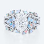 Nature-Inspired Oval Lab Diamond Ring Set with Opal Leaves in White Gold