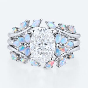 Nature-Inspired Oval Lab Diamond Ring Set with Opal Leaves in White Gold