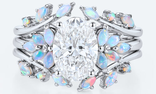 Nature-Inspired Oval Lab Diamond Ring Set with Opal Leaves in White Gold