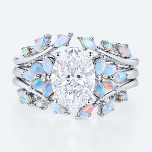 Nature-Inspired Oval Lab Diamond Ring Set with Opal Leaves in White Gold