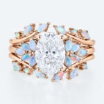 Nature-Inspired Oval Lab Diamond Ring Set with Opal Leaves in Rose Gold