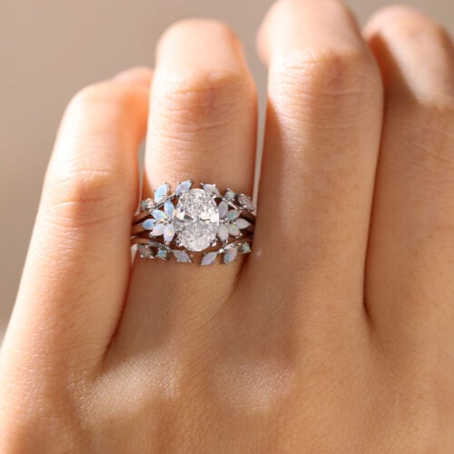 Nature-Inspired Oval Lab Diamond Ring Set with Opal Leaves in White Gold