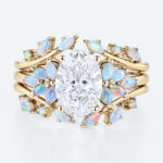 Nature-Inspired Oval Lab Diamond Ring Set with Opal Leaves in Yellow Gold