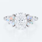 Nature-Inspired Oval Lab Diamond Ring with Petal Cluster Opal Petals Accents in White Gold