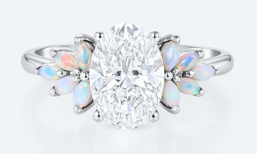 Nature-Inspired Oval Lab Diamond Ring with Petal Cluster Opal Petals Accents in White Gold