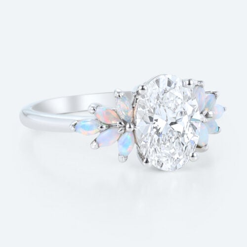 Nature-Inspired Oval Lab Diamond Ring with Petal Cluster Opal Petals Accents in White Gold