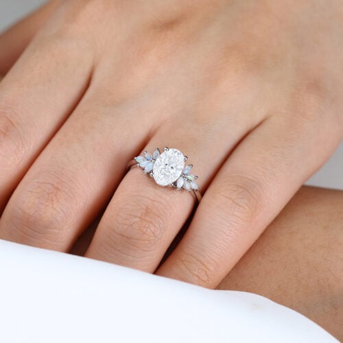Nature-Inspired Oval Lab Diamond Ring with Petal Cluster Opal Petals Accents in White Gold