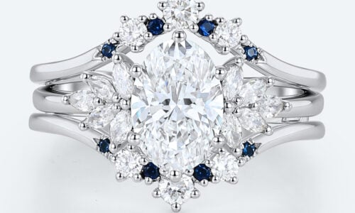 Oval Lab Diamond Ring Set with Sapphire Enhancer Bands in White Gold | 2pc
