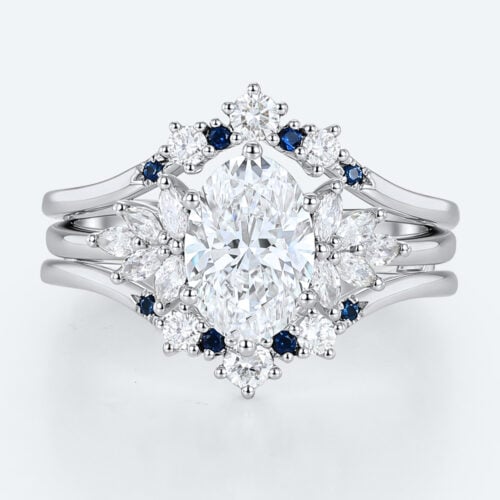 Oval Lab Diamond Ring Set with Sapphire Enhancer Bands in White Gold | 2pc
