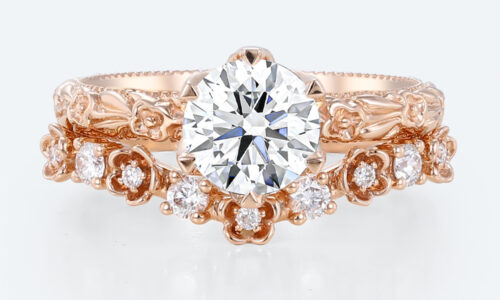 Vintage Floral Round Lab Diamond Ring Set | Rose Gold Flower