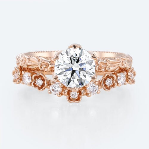 Vintage Floral Round Lab Diamond Ring Set | Rose Gold Flower