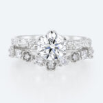 Vintage Floral Round Lab Diamond Ring Set | White Gold Flower