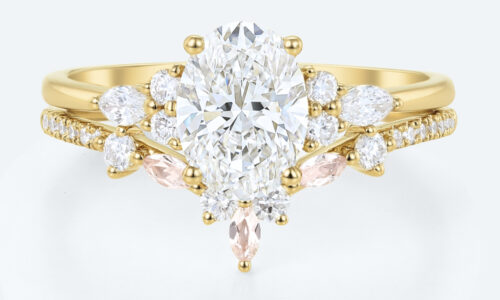 Oval Lab Grown Diamond Ring Set | Vintage Tiara Bridal Ring Set in Yellow Gold