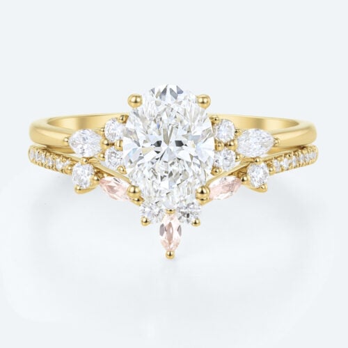 Oval Lab Grown Diamond Ring Set | Vintage Tiara Bridal Ring Set in Yellow Gold