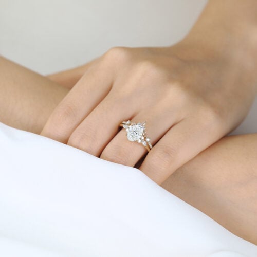 Oval Lab Grown Diamond Ring Set | Vintage Tiara Bridal Ring Set in Yellow Gold