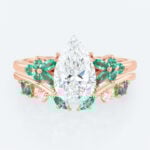 Pear Cut Lab Diamond Floral Ring Set with Emerald Accents in Rose Gold