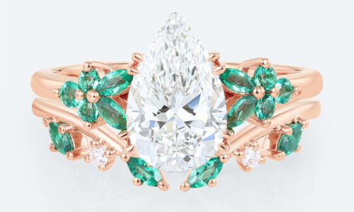 Pear Cut Lab Diamond Floral Ring Set with Emerald Accents in Rose Gold