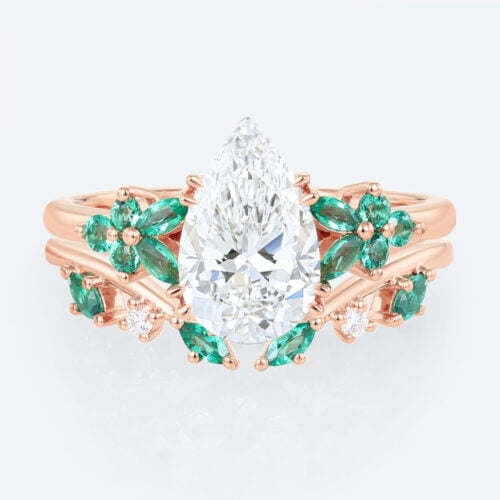 Pear Cut Lab Diamond Floral Ring Set with Emerald Accents in Rose Gold