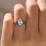 Pear Cut Lab Diamond Floral Ring Set with Emerald Accents in Rose Gold