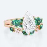 Pear Cut Lab Diamond Floral Ring Set with Emerald Accents in Rose Gold
