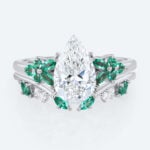 Pear Cut Lab Diamond Floral Ring Set with Emerald Accents in White Gold