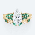 Pear Cut Lab Diamond Floral Ring Set with Emerald Accents in Yellow Gold