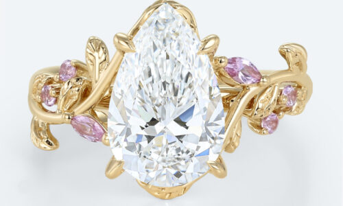 Nature-Inspired Pear Lab Diamond Ring with Pink Sapphires Accents in Yellow Gold