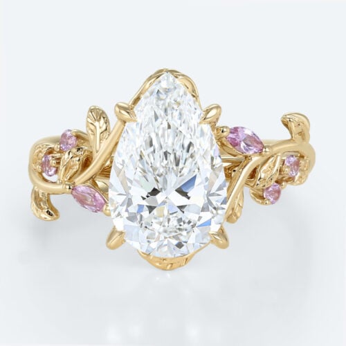 Nature-Inspired Pear Lab Diamond Ring with Pink Sapphires Accents in Yellow Gold