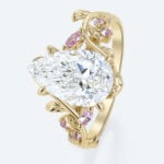 Nature-Inspired Pear Lab Diamond Ring with Pink Sapphires Accents in Yellow Gold