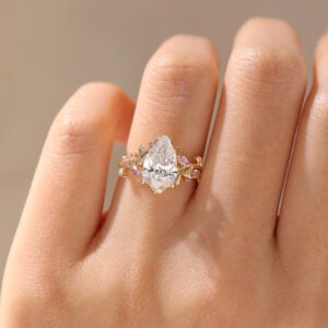 Nature-Inspired Pear Lab Diamond Ring with Pink Sapphires Accents in Yellow Gold