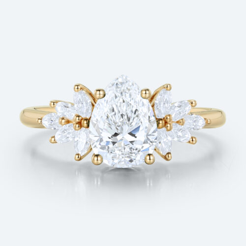 Romantic Pear Cut Lab Diamond Floral Cluster Ring | 14K Yellow Gold