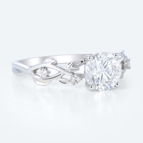Nature-Inspired Round Lab Diamond Vine Ring | Botanical Leaf in White Gold