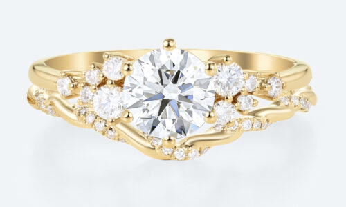 Round Lab Diamond Organic Cluster Ring Set | Nature Inspired Ring in Yellow Gold