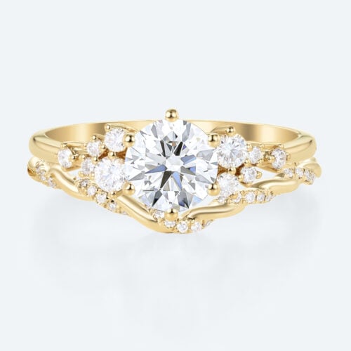 Round Lab Diamond Organic Cluster Ring Set | Nature Inspired Ring in Yellow Gold