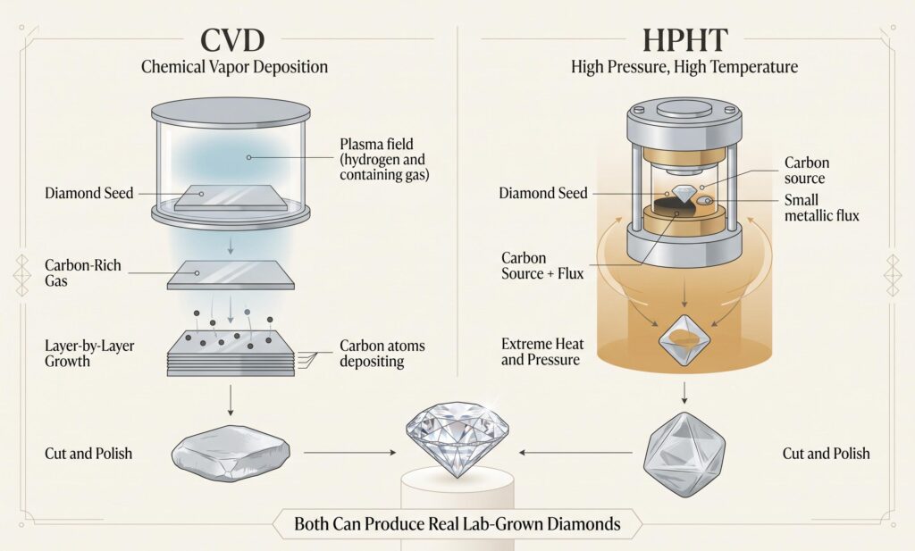 CVD and HPHT laboratory-grown diamond growth processes compared from diamond seed to finished stone