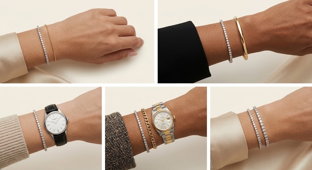 Five diamond tennis bracelet stacking ideas with chains, bangles, watches, mixed metals, and graduated diamonds