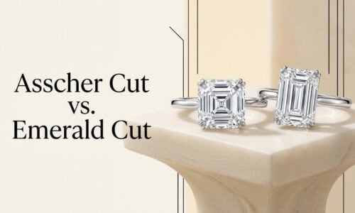Asscher-style and emerald-cut diamond engagement rings displayed side by side
