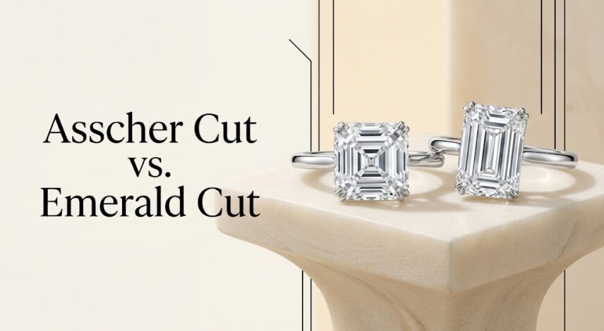 Asscher Cut vs. Emerald Cut: Vintage Step-Cut Brilliance Compared Asscher-style and emerald-cut diamond engagement rings displayed side by side