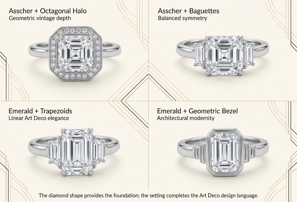 Art Deco engagement ring settings for Asscher-style and emerald-cut diamonds
