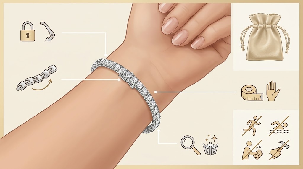 Diamond tennis bracelet fit and care tips including clasp security, storage, and everyday protection