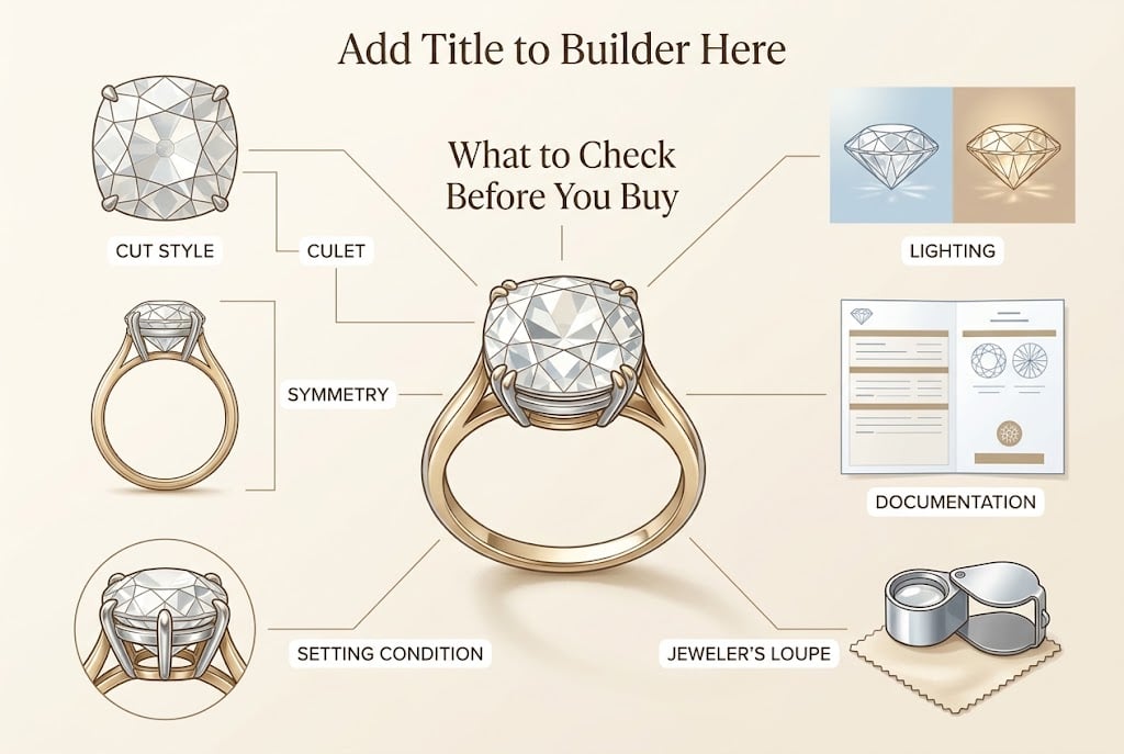 Buying checklist for antique-inspired engagement rings including cut style, culet, setting, lighting, and documentation