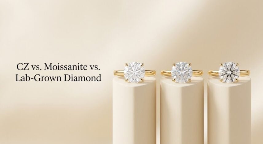 Cubic zirconia, moissanite, and lab-grown diamond rings compared in identical solitaire settings