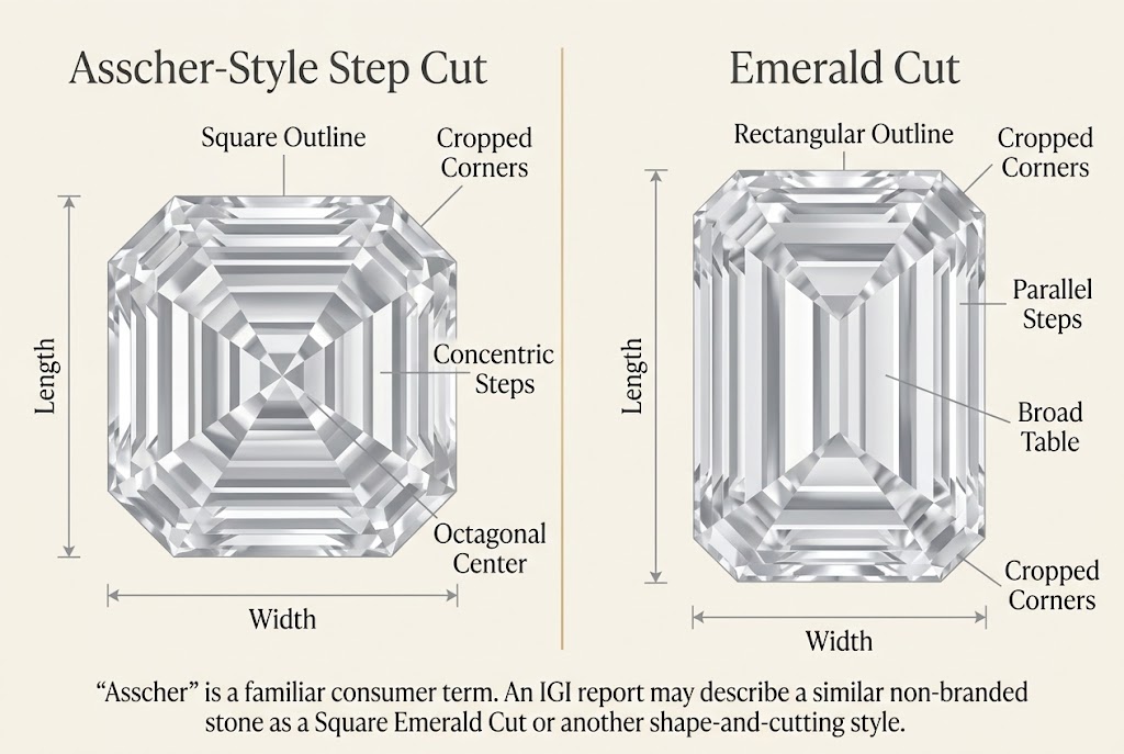 Step-facet anatomy of Asscher-style and emerald-cut diamonds